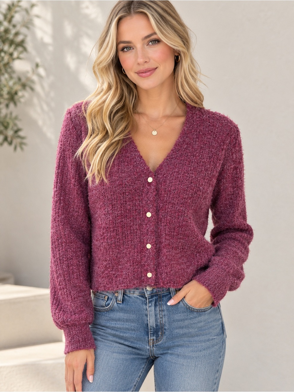 Joie Raspberry Button-Front V-Neck Ribbed Cardigan size XS
